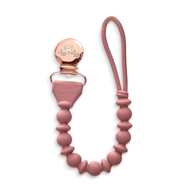 Itzy Ritzy Silicone Pacifier Clip; 100% Food Grade Silicone Pacifier Strap with Clip Keeps Pacifiers, Teethers & Small Toys in Place; Features One-Piece Design & Cord (Rosewood)