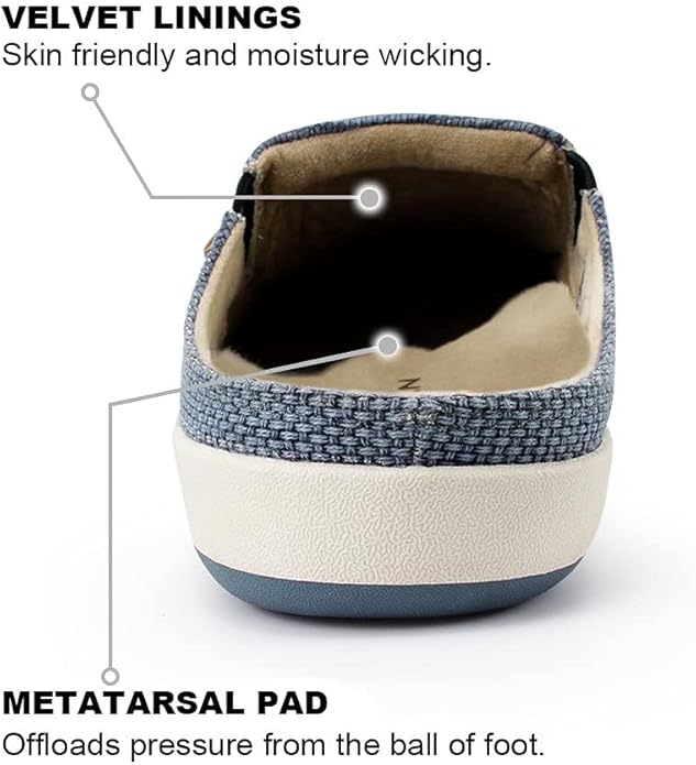 Mens Slippers with Arch Support, Canvas House Slipper for Men with Velvet Lining, Slip On Clog, Indoor Outdoor House Shoes with Anti-Skid Rubber Sole