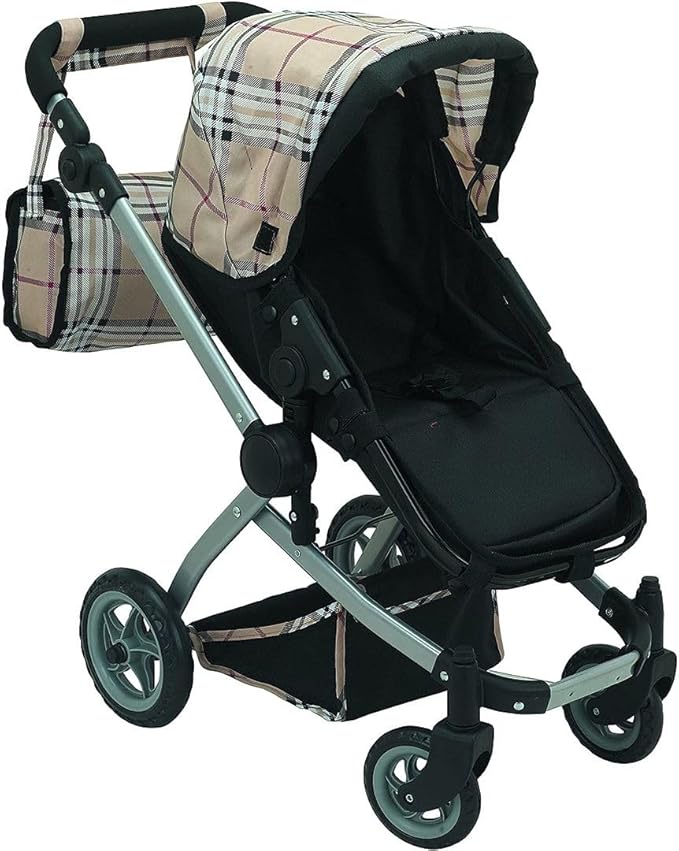 Mommy & Me Babyboo Doll Pram Foldable Doll Stroller with Basket, Convertible Seat, Adjustable Handle, Swiveling Wheels, and Free Carriage Bag - Beige Plaid