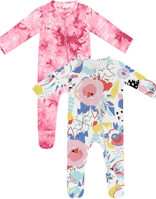 Jimonda Baby Girls Boys Footed Pajamas,Rayon From Bamboo,2 Way Zipper Long Sleeve Soft Sleeper Pjs,Infant Tie-dye Romper