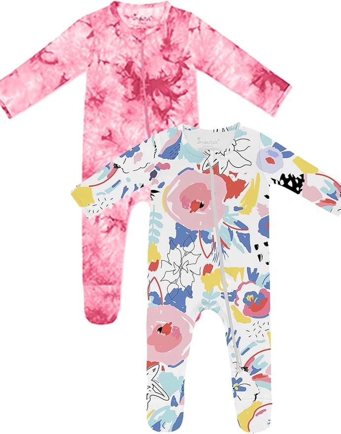 Jimonda Baby Girls Boys Footed Pajamas,Rayon From Bamboo,2 Way Zipper Long Sleeve Soft Sleeper Pjs,Infant Tie-dye Romper