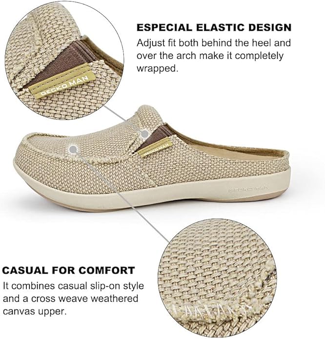 Mens Slippers with Arch Support, Canvas House Slipper for Men with Velvet Lining, Slip On Clog, Indoor Outdoor House Shoes with Anti-Skid Rubber Sole