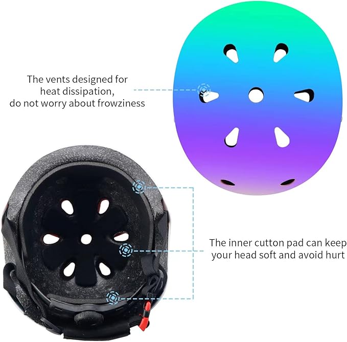 Adjustable Color Gradient Skateboard Helmet for 3-5-8-14+Ages【Toddler Kids Youth Adult】 Girls Boys Woman.Bike Helmet for Multi-Sports Cycling Bicycle Scooter Inline Roller Skate Rollerblading