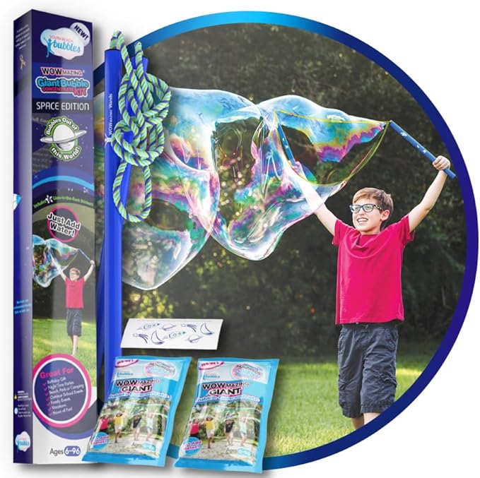 WOWMAZING Giant Bubble Kit: Space - Incl. Wand, 2 Big Bubble Concentrate Pouches and 8 Glow-in-The-Dark Stickers | Outdoor Toy for Kids, Girls | Bubbles Made in The USA - Space Kit