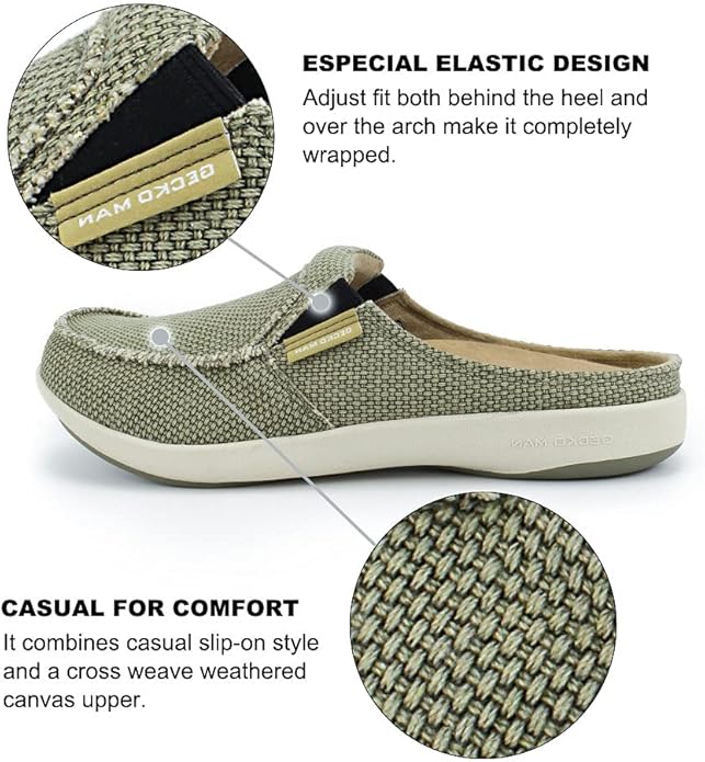 Mens Slippers with Arch Support, Canvas House Slipper for Men with Velvet Lining, Slip On Clog, Indoor Outdoor House Shoes with Anti-Skid Rubber Sole