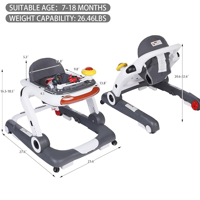 Kinder King Baby Walker with Music & Lights, 5 in 1 Baby Bouncer Activity Walker, Adjustable Height & Seat, Learning-Seated & Toddler Walk-Behind, Safety Bumper, Infant Walker Anti-Rollover, Grey