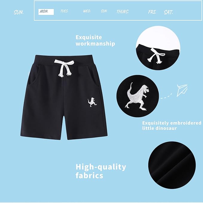 3-Pack Toddler Boys' Cotton Athletic Shorts with Pockets Pull-On Design Active Dinosaur Embroidery, Soft and Breathable
