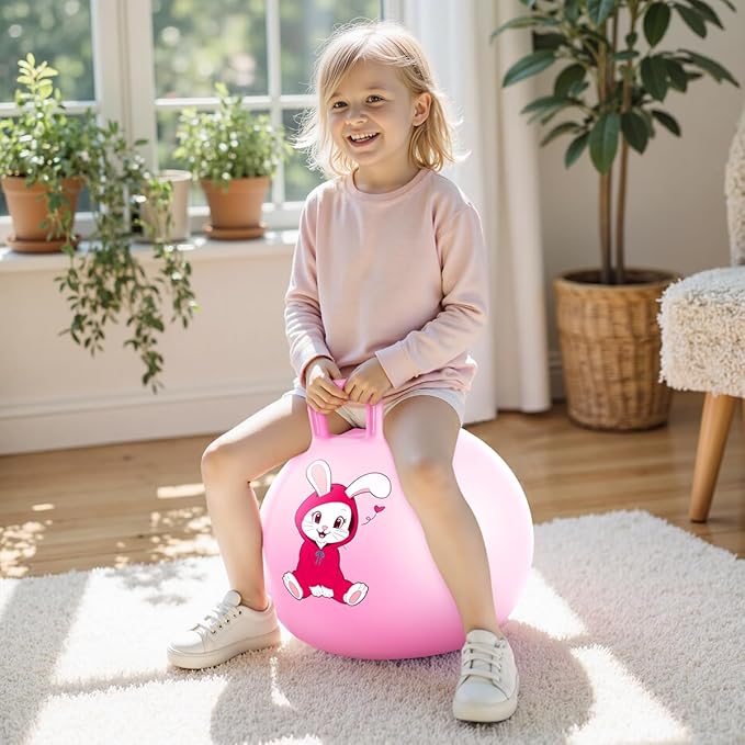 PlayZap Hopper Balls for Kids 3-8, 18 Inches Bouncy Ball with Handle, 18" Inflatable Bouncing Hopper, Pink Rabbit Jumping Toys, Garden Hopping Toys Girls Boys Gifts