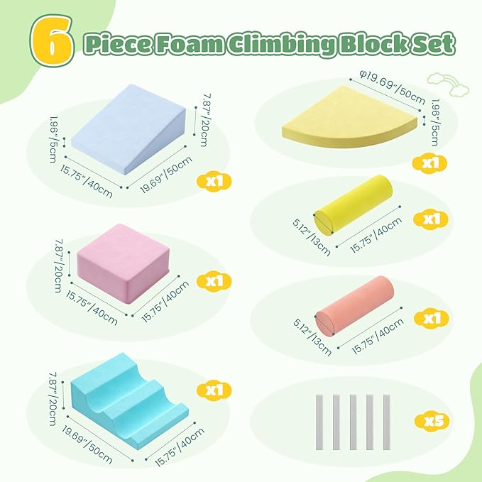 Lischwert Foam Climbing Blocks for Toddlers 1-3, 6pcs Soft Play Set with Crawling Exploration Toys, Indoor Outdoor Infant Safe Blocks for Baby Gym Toddler Playground