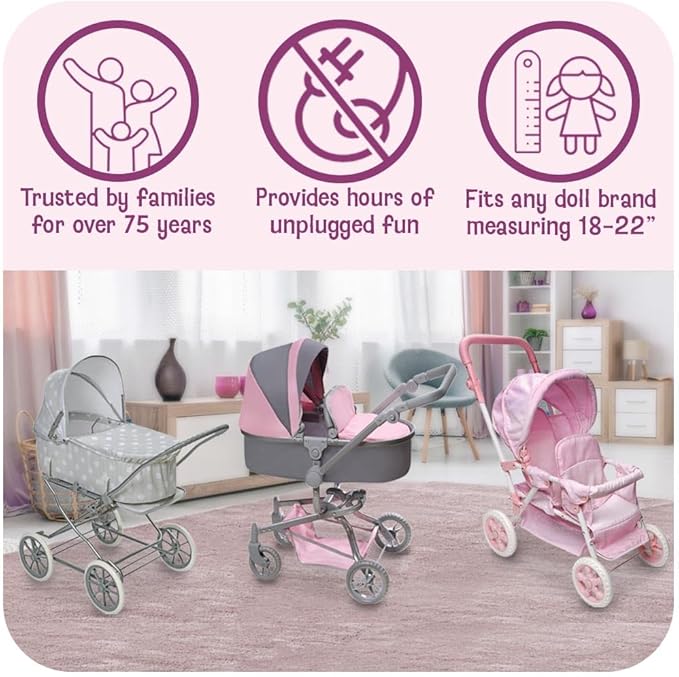 Badger Basket Double Doll Stroller - Pram for Baby Doll with Adjustable Seats & Storage Basket - Fits Doll Up to 20 Inches - Best for Toddler and Kid Pretend Play Ages 3 and Up - Pink/Grey