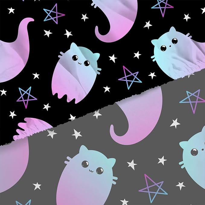 Kids Bedding Cute Ghost Cat Sheet Set Twin Size 3Pcs Kawaii Gradient Cat Bed Sets with 1 Fitted Sheet 1 Flat Sheet 1 Pillowcases for Kids Boys Girls Adults Teens, Black