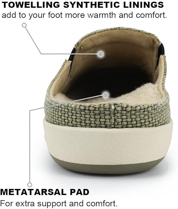 Mens Slippers with Arch Support, Canvas House Slipper for Men with Velvet Lining, Slip On Clog, Indoor Outdoor House Shoes with Anti-Skid Rubber Sole