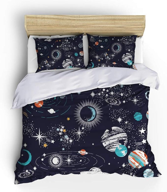 Galaxy Space Comforter Sets Queen Size Boys Universe Adventure Stars Printed Kids Bedding