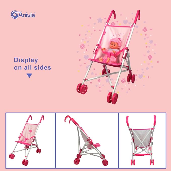 Anivia Baby Doll Collection Doll Stroller Heart Design Gifts for Toddlers and Girls Foldable Doll Stroller