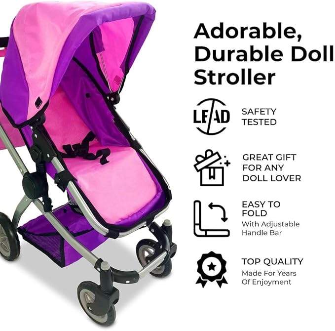 Mommy & Me Foldable Deluxe Toy Baby Doll Stroller with Swiveling Wheels, Adjustable Handle, Convertible Seat, Bassinet, and Diaper Bag