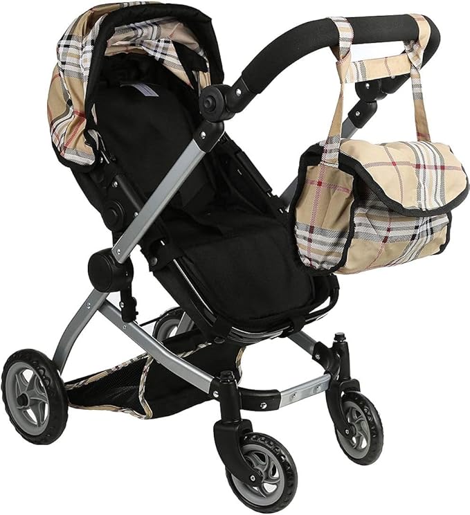 Mommy & Me Babyboo Doll Pram Foldable Doll Stroller with Basket, Convertible Seat, Adjustable Handle, Swiveling Wheels, and Free Carriage Bag - Beige Plaid