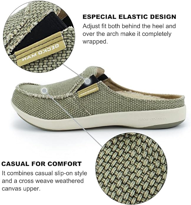 Mens Slippers with Arch Support, Canvas House Slipper for Men with Velvet Lining, Slip On Clog, Indoor Outdoor House Shoes with Anti-Skid Rubber Sole