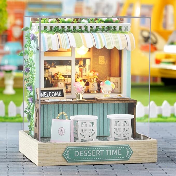 TuKIIE DIY Miniature Dollhouse Kit with Furniture, 1:24 Scale Creative Room Mini Wooden Doll House Plus Dust Proof for Kids Teens Adults(Dessert Time)
