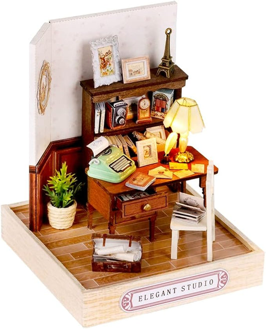 TuKIIE DIY Miniature Dollhouse Kit with Furniture, 1:24 Scale Creative Room Mini Wooden Doll House Plus Dust Proof for Kids Teens Adults(Elegant Studio)