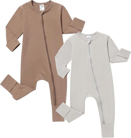 JunNeng 2 Pack Footless Long/Short Sleeve Baby Romper with Zipper Cotton Infant Sleepwear