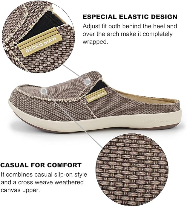 Mens Slippers with Arch Support, Canvas House Slipper for Men with Velvet Lining, Slip On Clog, Indoor Outdoor House Shoes with Anti-Skid Rubber Sole