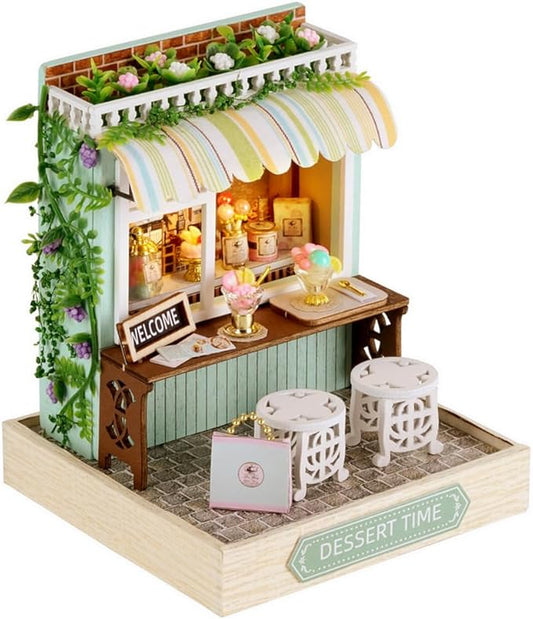 TuKIIE DIY Miniature Dollhouse Kit with Furniture, 1:24 Scale Creative Room Mini Wooden Doll House Plus Dust Proof for Kids Teens Adults(Dessert Time)
