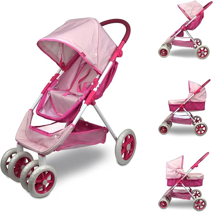 ANIVIA Dolls Pram, Doll Pushchair, 2 in 1 Stroller Dolls Pushchair & Pram Toys Gift for Kids, Suitable Dolls Up to 18 inch - Pink