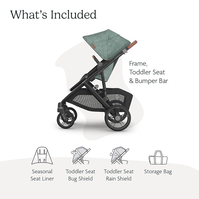 UPPAbaby Vista V3 Stroller - Full-Size Single-to-Double Stroller System - Toddler Seat, Bug Shield, Rain Shield, and Storage Bag Included - Gwen (Green Mélange/Carbon Frame/Saddle Leather)
