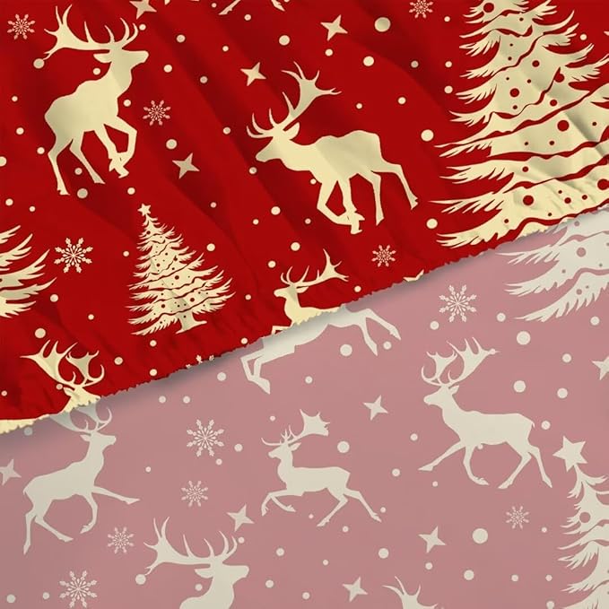 Red Kids Christmas Elk Sheets Set Full Cute Reindeer Christmas Sheets for Kids Adults Microfiber Christmas New Year Decoration Bedding Set Teens Girls Women Bedroom Bed Bedspread