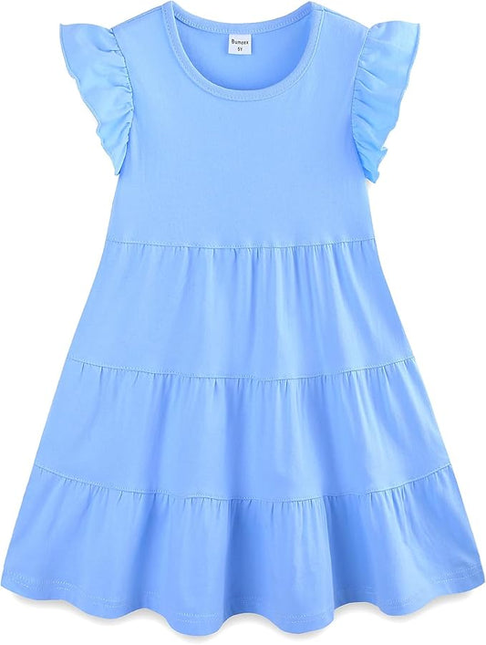 Bumeex Girl's Dresses Cotton Ruffle Sleeve Tiered Swing A-Line Cute Midi Casual Sundress