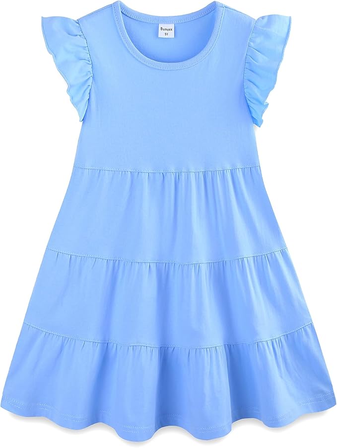 Bumeex Girl's Dresses Cotton Ruffle Sleeve Tiered Swing A-Line Cute Midi Casual Sundress