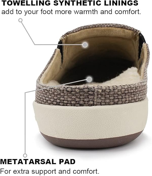 Mens Slippers with Arch Support, Canvas House Slipper for Men with Velvet Lining, Slip On Clog, Indoor Outdoor House Shoes with Anti-Skid Rubber Sole