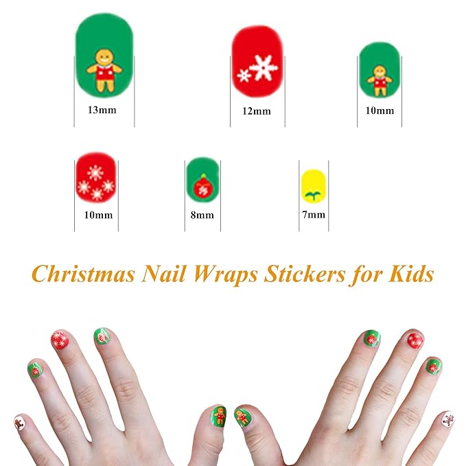 Christmas Nail Stickers Full Nail Wraps for Kids Self Adhesive Xmas Nail Polish Strips for Kids Girls Nail Art Decoration Fun Cute Holiday Full Nail Decals Recommend for Age 8 and Older (Pack of 12)