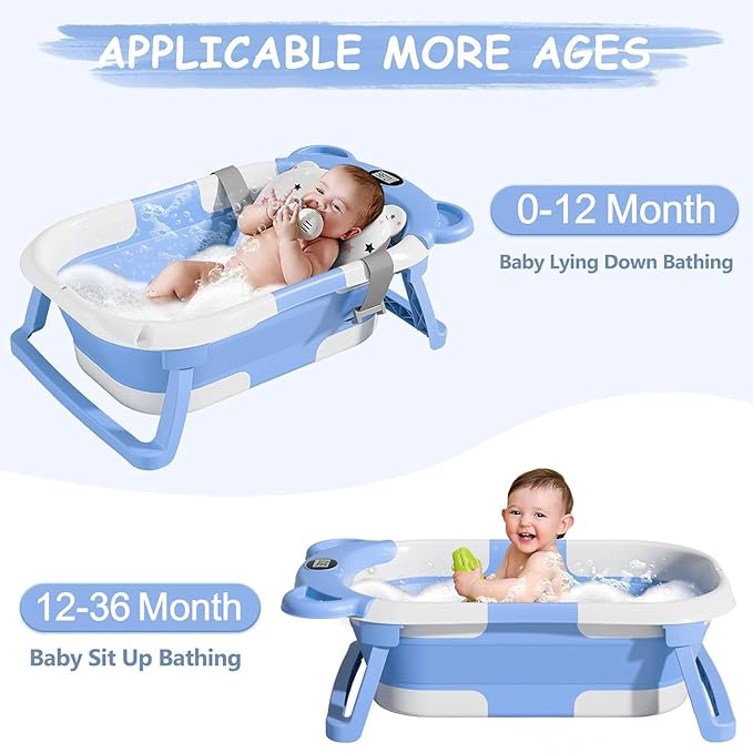 TPN Collapsible Baby Bathtub, Baby Bath Tub with Soft Cushion & Real-Time Thermometer, Baby Bathtub Infant to Toddler Tub (0-36 Months), Portable Travel Baby Tubs for Newborns (Blue)