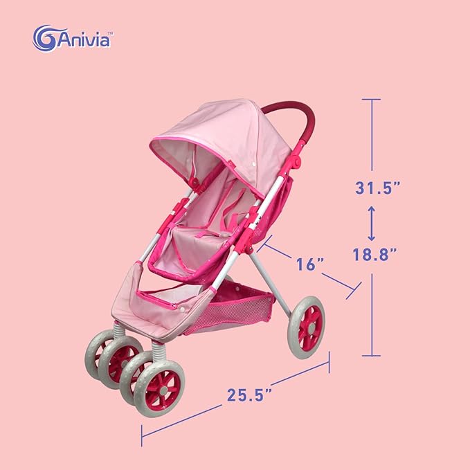 ANIVIA Dolls Pram, Doll Pushchair, 2 in 1 Stroller Dolls Pushchair & Pram Toys Gift for Kids, Suitable Dolls Up to 18 inch - Pink
