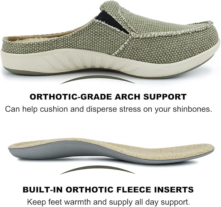 Mens Slippers with Arch Support, Canvas House Slipper for Men with Velvet Lining, Slip On Clog, Indoor Outdoor House Shoes with Anti-Skid Rubber Sole