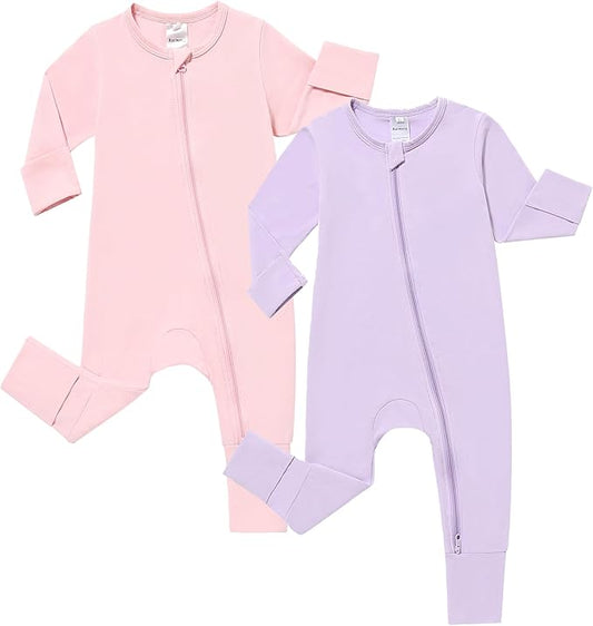 JunNeng 2 Pack Footless Long/Short Sleeve Baby Romper with Zipper Cotton Infant Sleepwear