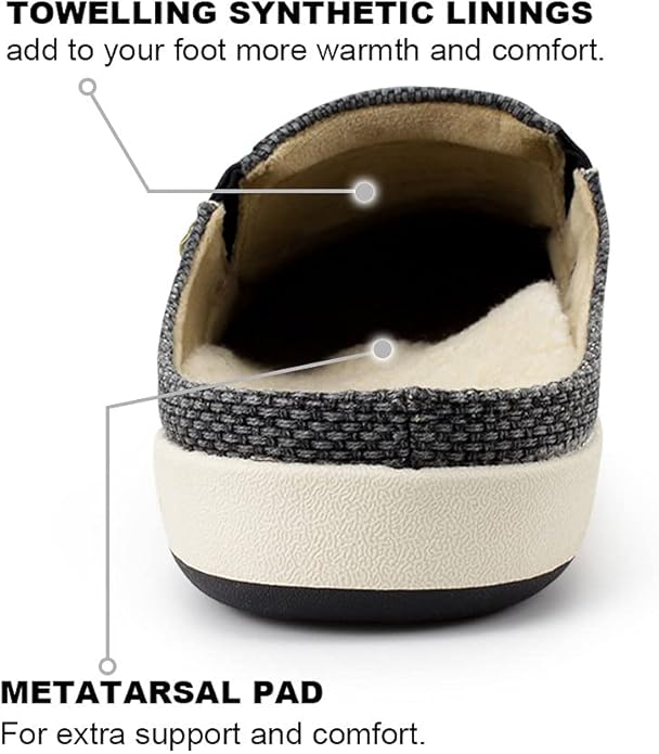 Mens Slippers with Arch Support, Canvas House Slipper for Men with Velvet Lining, Slip On Clog, Indoor Outdoor House Shoes with Anti-Skid Rubber Sole