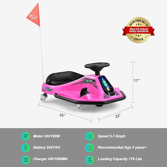 360 Degrees Rotating Ride On Drift Car and 2 Replacement Universal Wheels, 24V Electric Drifting Go Kart for Kids W/Brushless Motor, High/Low Speed, Flashing Lights, Flag, Music, Bluetooth, Pink
