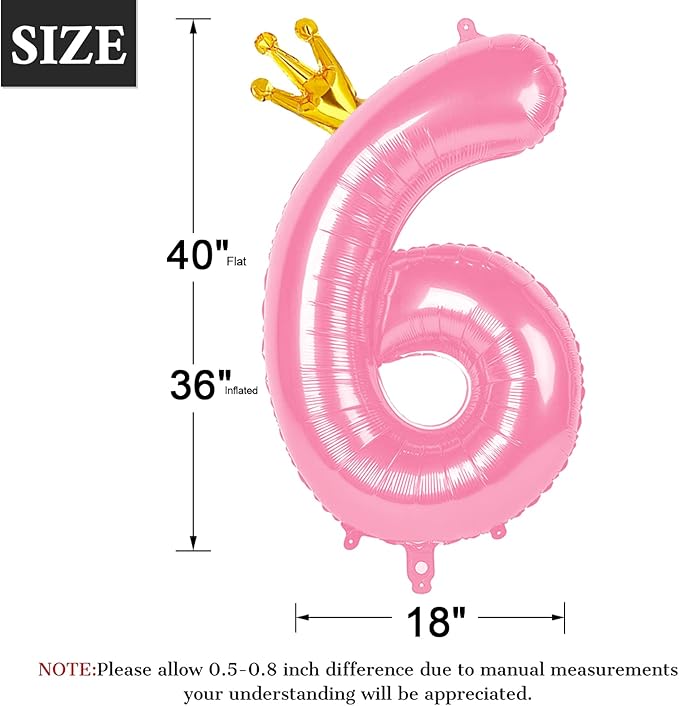 2026 Pink Crown 40 Inch Mylar Foil Number 6 Balloon, Birthday Balloons for 6 16 Boy Girl Party Decorations Supplies,Pink Crown Big Helium Balloon Numbers for 26 36 46 60 Men Women Anniversary