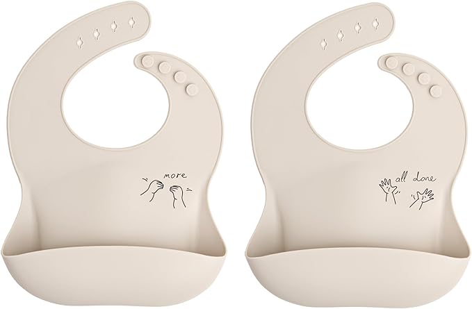 Baby Sign Language Silicone Bib Bundle, More & All Done, Oat Cream