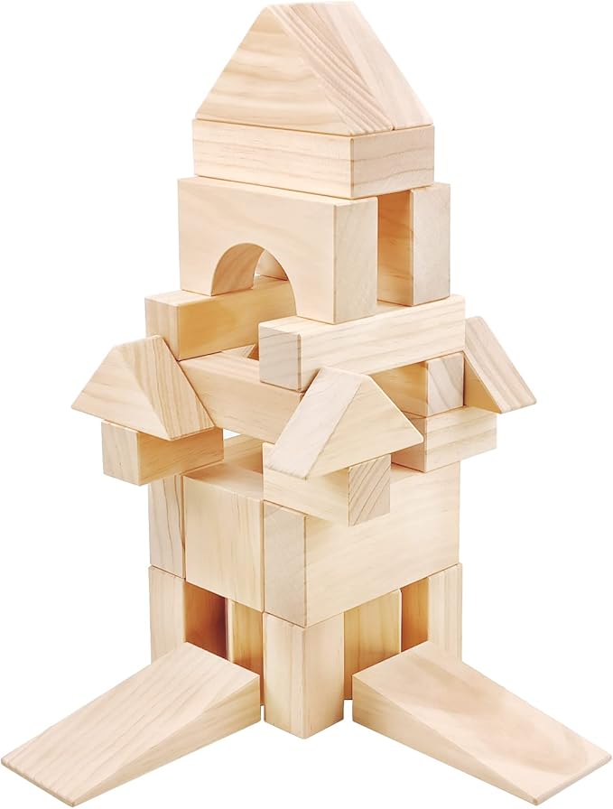 Onshine Large Wooden Blocks for Toddlers 1-3, 64 Pieces Big Wood Building Blocks Set with Wooden Storage Box, Large Toddler Blocks Building and Stacking Toys Construction Set