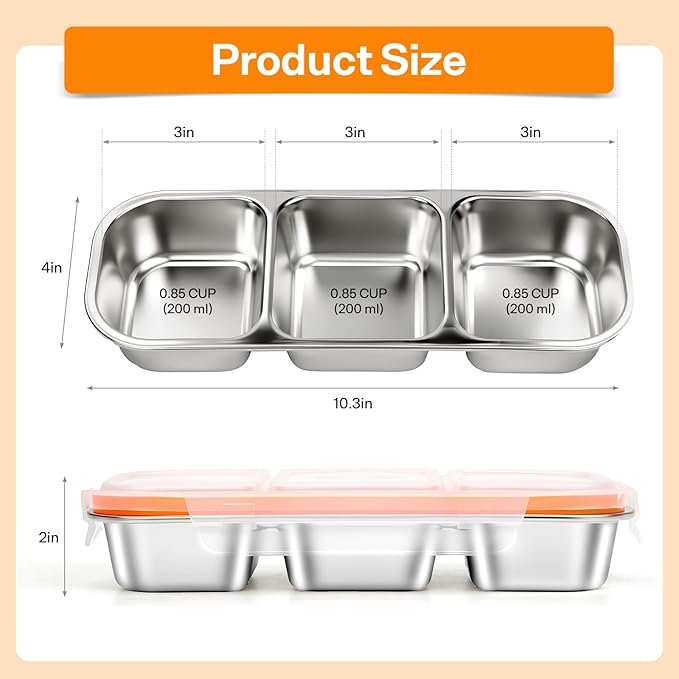 Stainless Steel Snack Containers, Reusable Snack Containers with Lids Stainless Steel Lunch Box with 3 Compartment Divided Food Storage for Home Work Travel Outdoor Camping (Orange 3 Pack)