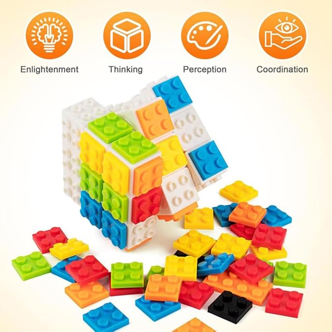 D-FantiX Building Brick Blocks 3x3x3 Speed Cube Toy, Build-On Brick 3D Magic Cube, Handheld Brain Teaser Puzzles Gift Ideas, Puzzle Building Cube Game for Kids Adults (Included Brick Separator)