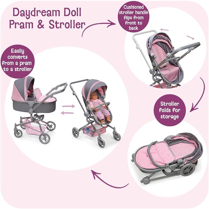 Badger Basket Foldable Doll Stroller & Pram for Dolls - Convertible Toy with Canopy, Basket & Soft Handle - Lightweight, Easy to Use for Girls Ages 3+- Gray/Pink