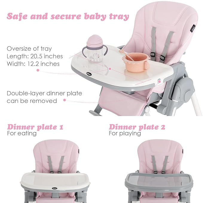 INFANS High Chair for Babies & Toddlers, Foldable Highchair with Multiple Adjustable Backrest, Footrest and Seat Height, Removable Tray, Detachable PU Leather Cushion, Built-in Rear Wheels (Pink)