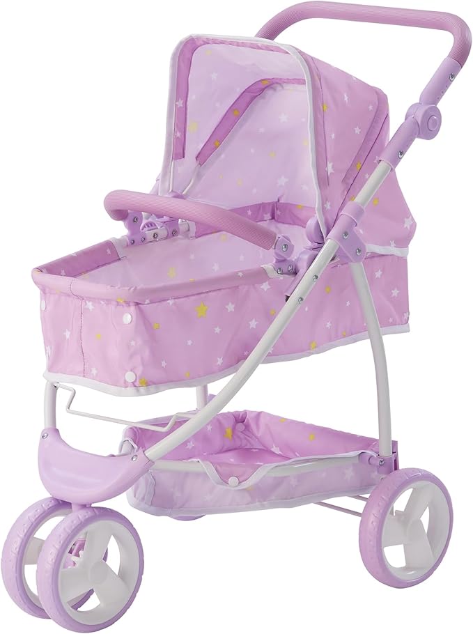 Olivia's Little World - Play Baby Doll Bassinet Stroller for Toddler, Baby Doll Pram Stroller Buggy for 3+ Year Old Girls, Twinkle Stars Princess 2-in-1 Baby Doll Stroller for Kids - Purple