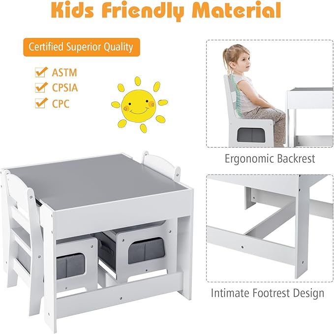 Costzon Kids Table and Chair Set, 3 in 1 Wooden Activity Table with Storage Drawer, Detachable Tabletop for Children Drawing Reading Art Craft, Playroom, Nursery, Toddler Table and Chair Set, Gray