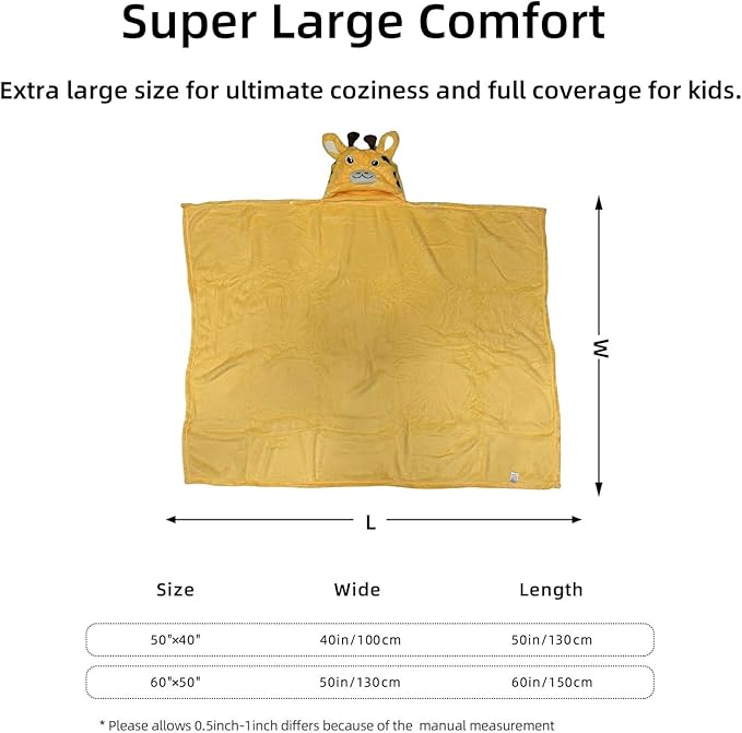 Wearable Blanket Hoodie for Kids Toddlers Hooded Towels Soft Cozy Flannel Wearable Throw Blanket Hoodie for Boys Girls Birthday Gifts (Giraffe 60 * 50)