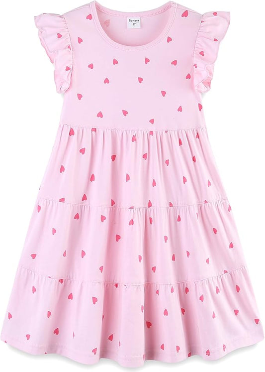 Bumeex Girl's Dresses Cotton Ruffle Sleeve Tiered Swing A-Line Cute Midi Casual Sundress